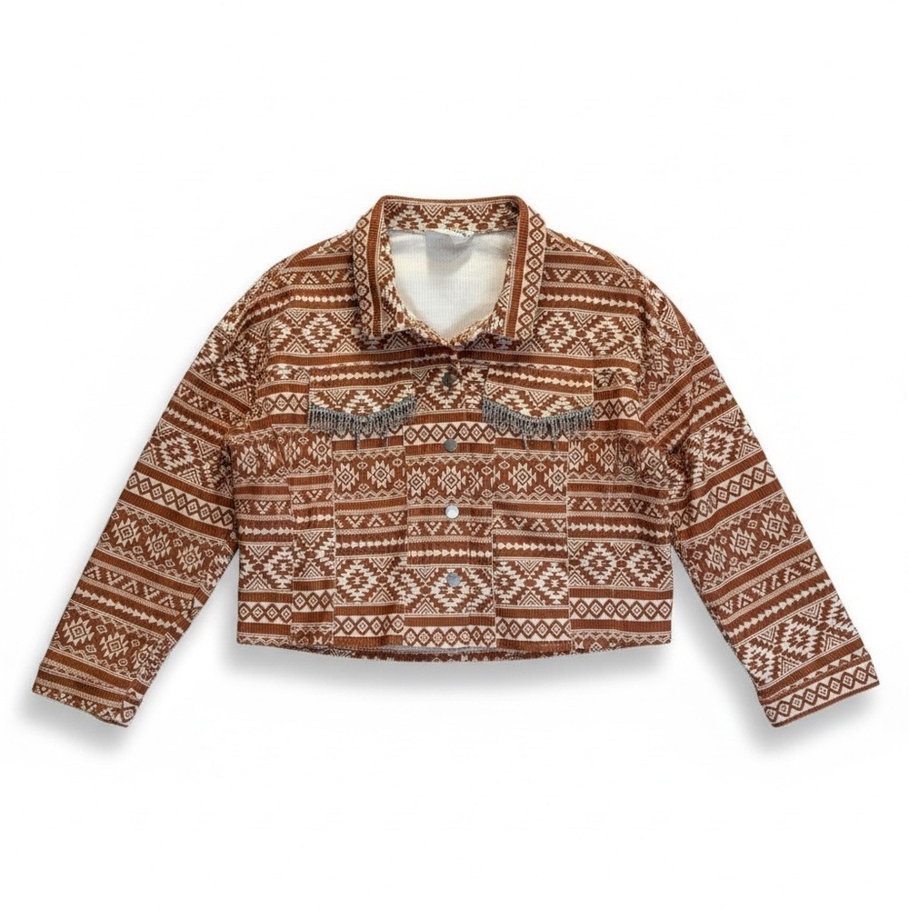 Savanna Jane Womens L Southwestern Cropped Corduroy‎ Jacket Rhinestone Fringe